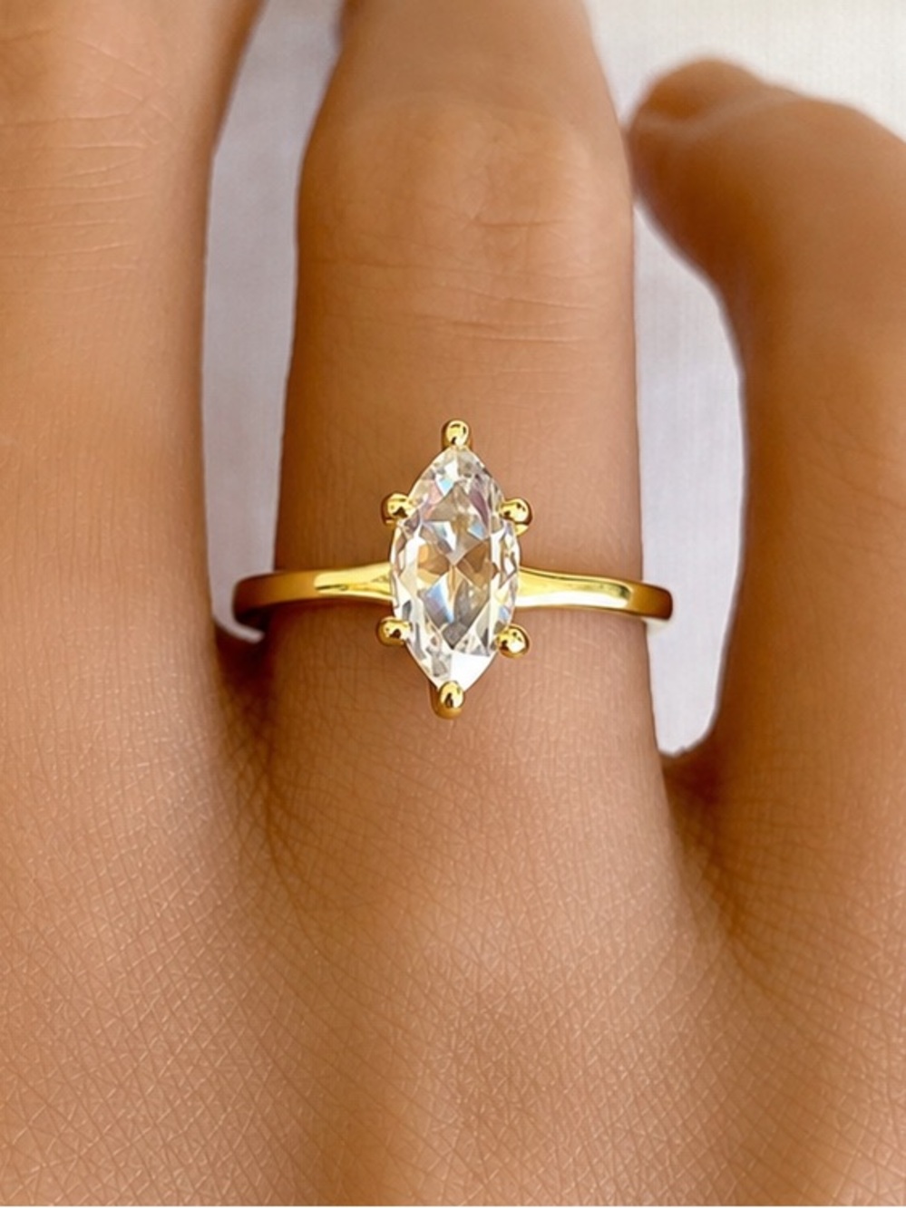 Yellow Gold Marquise Rose Cut Moissanite Diamond Sterling Silver Solitaire Ring